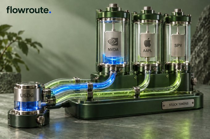 A Flowroute advertisement showing a machine labeled "STOCK TOKENS" processing chips labeled NVDA, AAPL, and SPY into USDG.