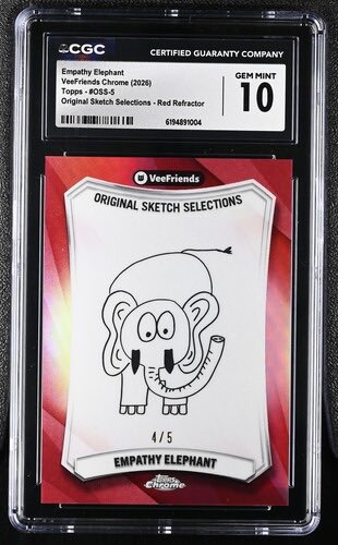 A CGC graded trading card featuring a hand-drawn sketch of an 'Empathy Elephant' by Veefriends, with a Chrome (2026) Red Refractor label and a Gem Mint 10 grade.