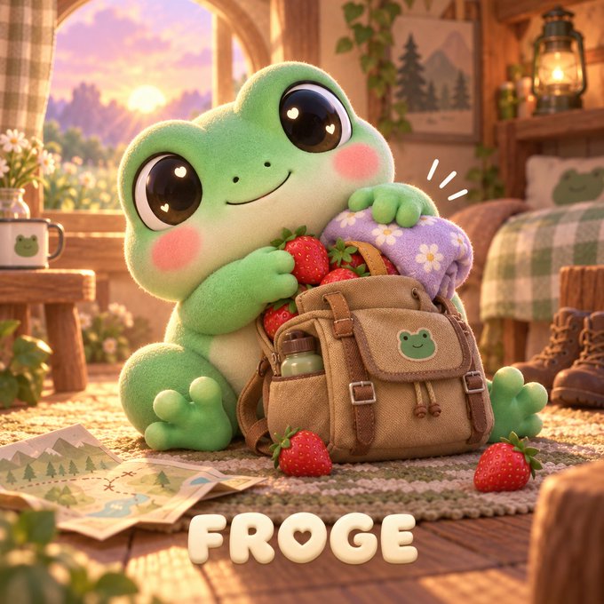 Another view of the same cute green frog illustration hugging a backpack with strawberries, labeled "FROGE".