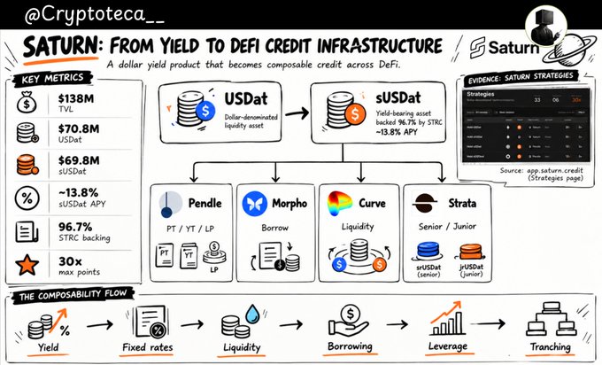 A detailed infographic by @Cryptoteca_ titled 'SATURN: FROM YIELD TO DEFI CREDIT INFRASTRUCTURE' explains a composability flow involving USDat and sUSDat across protocols like Pendle, Morpho, Curve, and Strata.