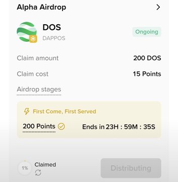 An Alpha Airdrop screen for the DOS token by DAPPOS showing a claim amount of 200 DOS for 15 Points in a 'First Come, First Served' stage with 200 Points required, ending in 23H:59M:35S.