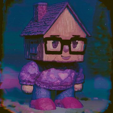 A cartoonish anthropomorphic house with glasses, a muscular purple-stone body, and a smiling face stands against a pixelated glitchy background, embodying the playful "chilling" aesthetic the artist mentions. The house character's relaxed, friendly demeanor and cool aesthetic directly reflect the creator's intent to "chillify" members of crypto Twitter with fun character designs.