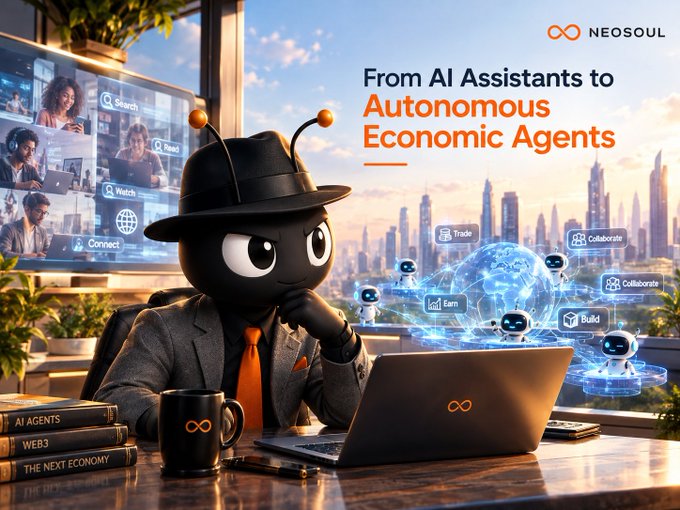 A promotional graphic for NEOSOUL titled "From AI Assistants to Autonomous Economic Agents," featuring an ant mascot in a fedora working on a laptop with holographic robot icons around it.