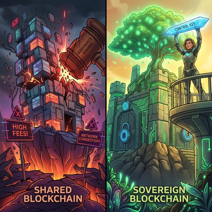 The image is a split-panel illustration contrasting two blockchain concepts: the left side shows a chaotic, crumbling tower labeled "SHARED BLOCKCHAIN" with warning signs reading "HIGH FEES!" and "NETWORK CONGESTION," being struck by a "GOVERNANCE HAMMER," while the right side depicts a thriving green fortress labeled "SOVEREIGN BLOCKCHAIN" with a glowing tree and a figure holding a "CONTROL KEY."

The caption directly visualizes the post's message about the limitations projects face when outgrowing shared blockchains—showing how higher fees, congestion, and governance overreach can undermine growth, while promoting CNPYNetwork's sovereign blockchain solution as a controlled, flourishing alternative.