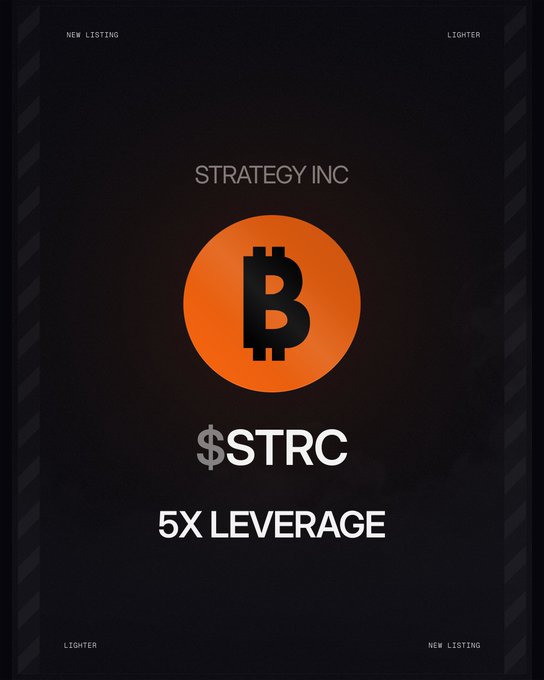 The image features a poster for a new trading platform called "New RWA Perp Listing". The poster displays an orange Bitcoin symbol, which represents the cryptocurrency. It also includes text that reads "5x leverage" and "New RWA Perp Listing!". The background of the poster is black with white stripes running across it.
