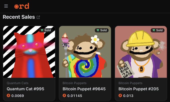 Screenshot of the ORD marketplace showing recent sales including Quantum Cat #995, Bitcoin Puppet #9645, and Bitcoin Puppet #205, with their respective Bitcoin prices listed.