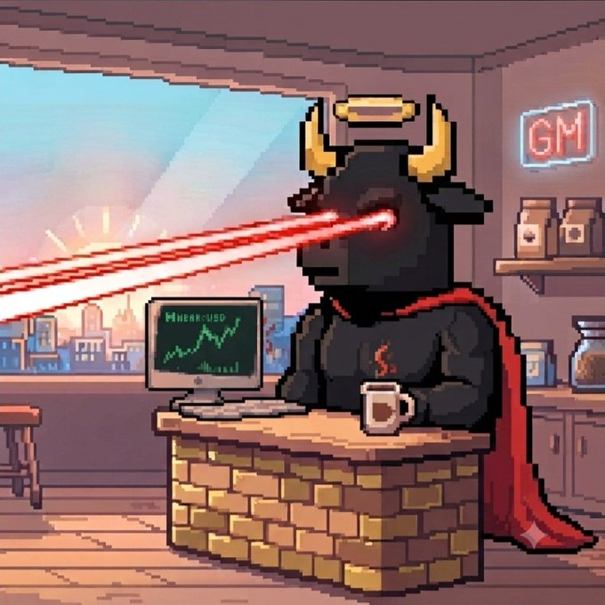 Pixel art illustration of a horned black figure with laser eyes sitting at a café counter with a 'GM' neon sign in the background.