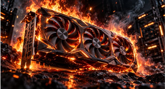 Dramatic CGI rendering of a graphics card with three cooling fans engulfed in flames against a dark city background.