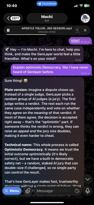 A Telegram chat with the bot "Mochi" displays a dark-themed conversation where a user asks Mochi to "Explain optimistic Democracy like i have never heard of Genlayer before," and receives a response describing how disputes are resolved by random AI judges with appeal mechanisms that double the jury size if challenged. The screenshot directly illustrates the post's point, showing Mochi's explanation that GenLayer's consensus is built around an "optimistic" outcome first with a democratic safety net, rather than a simple majority-vote system.