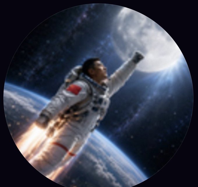 An astronaut floats weightlessly through space in a low-resolution image, with Earth visible below and a bright celestial body glowing behind him. The image humorously illustrates the meme of "a Chinese man flying through low resolution," matching the post's absurd memecoin investment thesis that celebrates nonsensical, low-quality imagery.