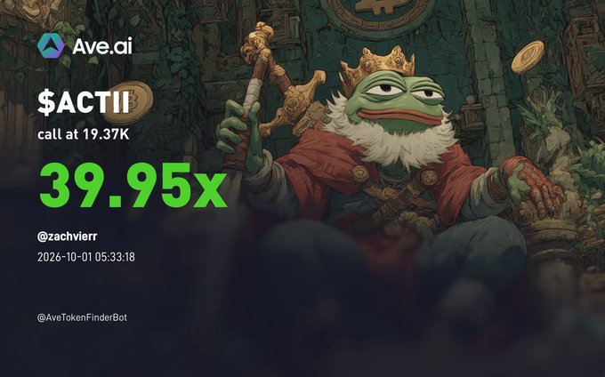 An Ave.ai (AveTokenFinderBot) alert card with a Pepe king illustration, showing '$ACTII' called at 19.37K achieving 39.95x gains, posted by @zachvierr on 2026-10-01.