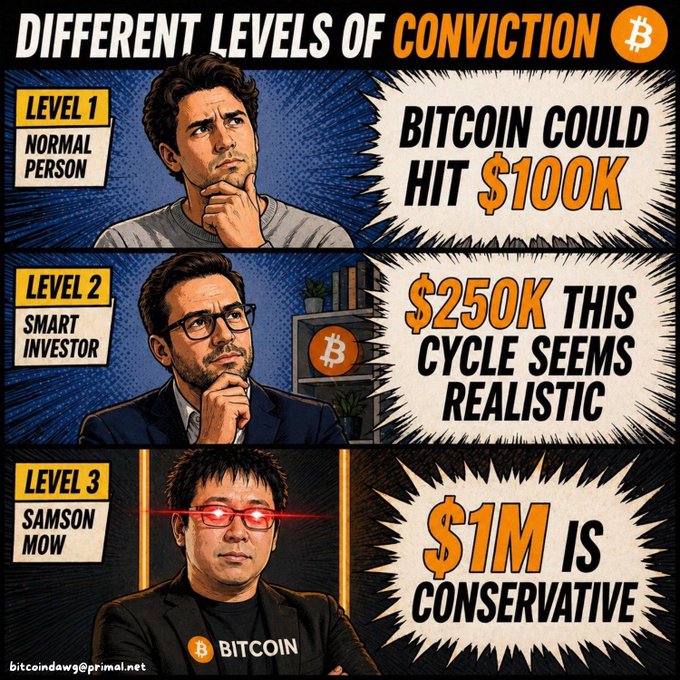 A comic-style graphic titled "DIFFERENT LEVELS OF CONVICTION" illustrates three escalating Bitcoin price predictions. Level 1 ("Normal Person") suggests Bitcoin could hit $100K, Level 2 ("Smart Investor") predicts $250K this cycle, and Level 3 ("Samson Mow") boldly claims $1M is conservative.