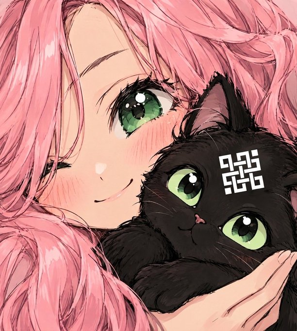 An anime-style illustration of a pink-haired girl with green eyes affectionately hugging a black cat with matching green eyes.