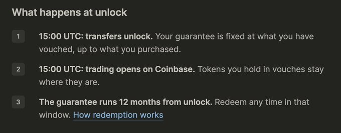 A black informational panel titled 'What happens at unlock' lists three steps: transfers unlocking at 15:00 UTC, trading opening on Coinbase at 15:00 UTC, and a guarantee running 12 months from unlock with a link for redemption details.