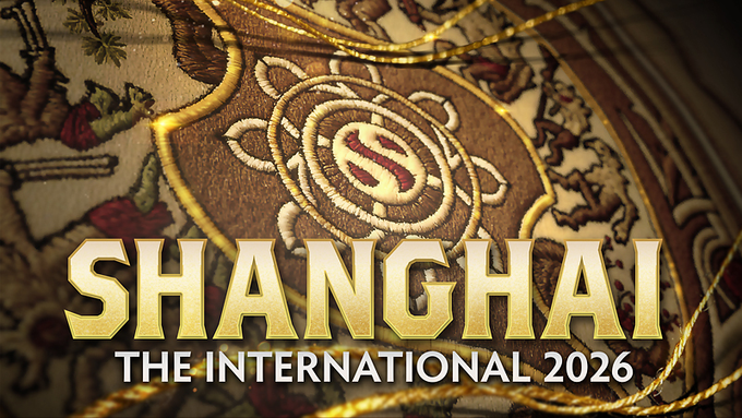 A golden medallion featuring an ornate "S" emblem is displayed as the centerpiece, with bold text reading "SHANGHAI THE INTERNATIONAL 2026" overlaid, promoting the upcoming Dota 2 championship tournament where teams will compete for over $3 Million and where traders can predict outcomes via MetaMask.