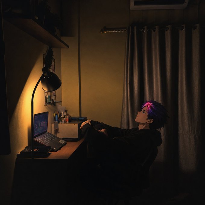 A stylized anime-style image depicts a person with purple-tinged hair sitting at a desk with a laptop, illuminated by a warm desk lamp in a dark room.