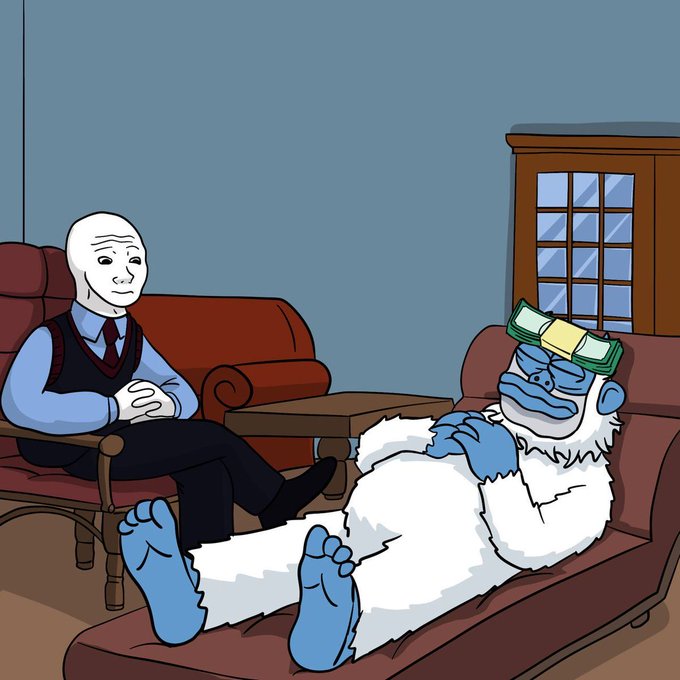 A bald man in a vest and tie sits in a chair next to a blue-skinned yeti-like creature wearing goggles, lounging on a couch in a cartoon-style therapy session.