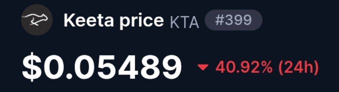 The image shows a cryptocurrency price ticker for Keeta (KTA), displaying a price of $0.05489 with a sharp 40.92% decline over the past 24 hours, visually confirming the post's mention of a "savage dump" in KTA's value.