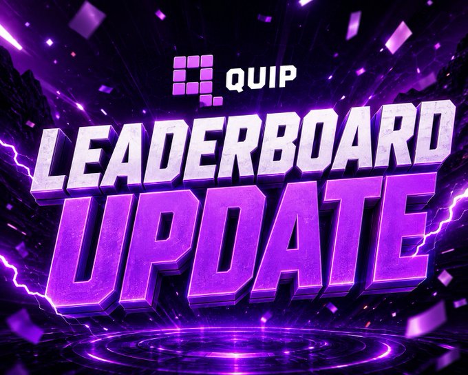 A vibrant purple graphic displays the text "QUIP LEADERBOARD UPDATE" in bold, stylized 3D lettering with electric lighting effects, fitting for an evening "Gm" post announcing a new competition ranking. The QUIP logo appears at the top, indicating this is a leaderboard update announcement for the Quip community.