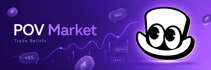 A purple-themed promotional graphic for 'POV Market' with the tagline 'Trade Beliefs,' featuring YES/NO speech bubbles and a cartoon top hat with eyes character.