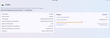 A web page showing a project status dashboard for 'CHAI' with table entries including 'Token Name', 'Tokenomics', and 'Overall Commitment', some marked as 'No Commitment'.