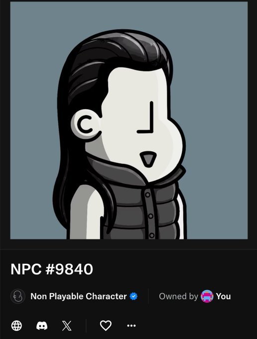 Mobile app profile showing a minimalist cartoon character named "NPC #9840" with long dark hair and a puffer vest.