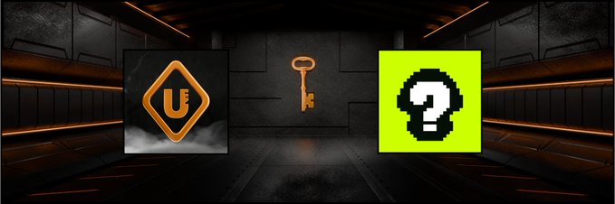 A dark sci-fi corridor background featuring three icons: an orange 'UE' diamond logo, an old-fashioned key, and a bright green square with a white question mark inside a skull silhouette.