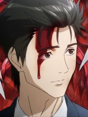The image features an anime-style young man with spiky black hair and a calm expression, set against a red background with blood dripping down his forehead and cheek. The accompanying post refers to a trader named Solstice gaining over $1.5M as the ticker symbol $STONK surges, with the blood imagery visually reinforcing the dramatic, high-stakes nature of the massive financial gains described in the caption.