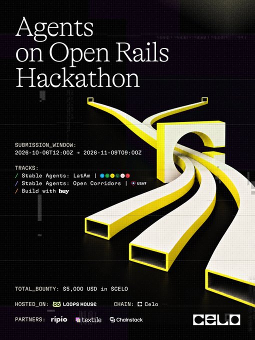 A promotional poster for the 'Agents on Open Rails Hackathon' with submission window 2026-10-06 to 2026-11-09, total bounty $5,000 USD in $CELO, hosted on Loopshouse, chain Celo, with partners ripio, textile, and Chainstack.