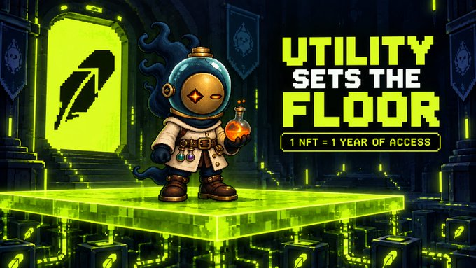 A digital illustration featuring a hooded figure in a space helmet holding a flask, standing on a glowing green platform with text reading 'UTILITY SETS THE FLOOR' and '1 NFT = 1 YEAR OF ACCESS.'