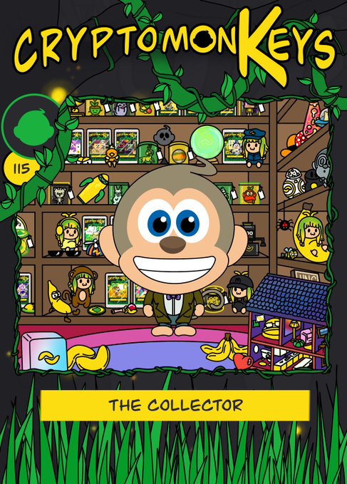 Cover artwork for "CryptoMonKeys: The Collector #115," featuring a cartoon monkey in a shop filled with colorful collectible characters and items.