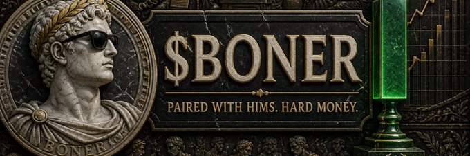 The image features a coin bearing a Roman-style bust wearing sunglasses, with the inscription "$BONER," alongside bold text reading "$BONER PAIRED WITH HIM$, HARD MONEY." The promotional graphic ties into the accompanying post by visually branding the meme token with a classical, money-focused aesthetic to highlight its emergence on the Robinhood chain.