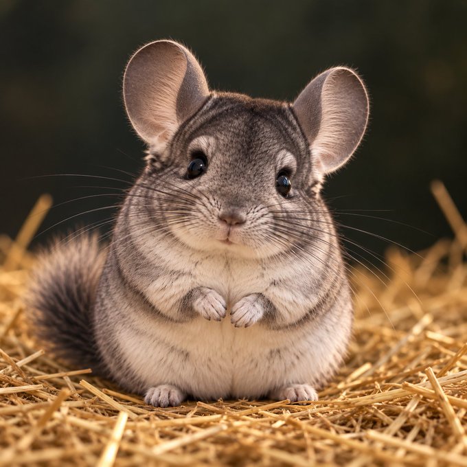 A cute chinchilla with large ears sits on hay, looking directly at the camera with its tiny paws together.