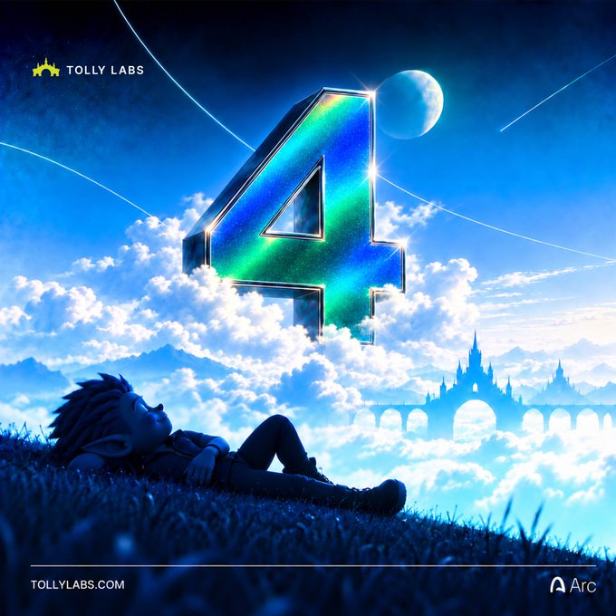 A stylized illustration by Tolly Labs shows a young boy lying on grass gazing up at a giant iridescent number '4' floating in a cloudy blue sky above a distant castle and bridge.