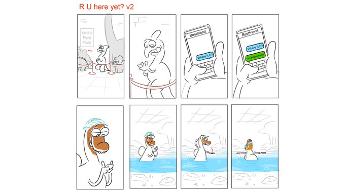 A comic titled "R U here yet? v2" shows a character waiting, repeatedly checking a "Bestfriend" app with "Check In" and "Check Out" buttons, before ending in a hot spring looking frustrated—illustrating the "ideas that didn't make it" mentioned in the caption.