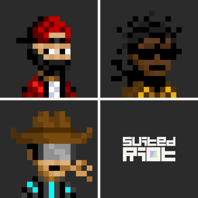 A four-panel grid showing pixel art game character sprites, including a red-hooded figure, a shadowy character with yellow accents, a cowboy with a cigar, and a logo reading 'SUBBED PRO' in the bottom right.
