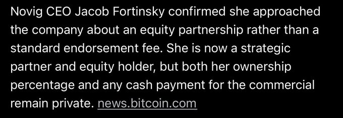 A text excerpt from news.bitcoin.com stating that Novig CEO Jacob Fortinsky confirmed a celebrity approached the company about an equity partnership rather than a standard endorsement fee, becoming a strategic partner and equity holder.