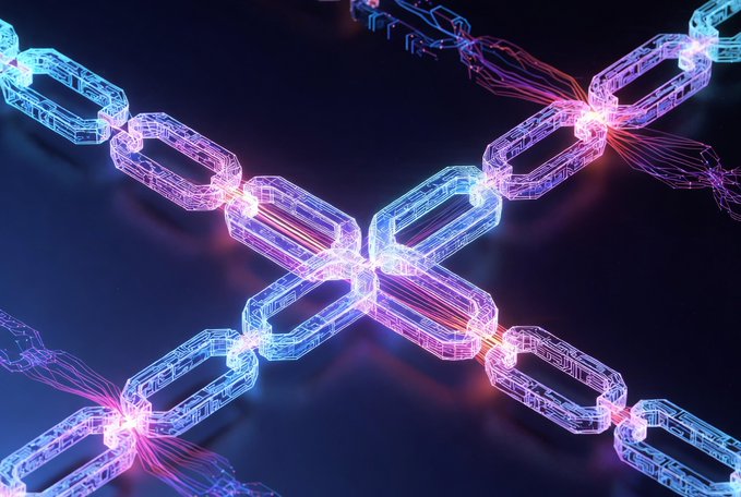 A futuristic neon blue and purple digital illustration of interconnected blockchain-style chains against a dark background.