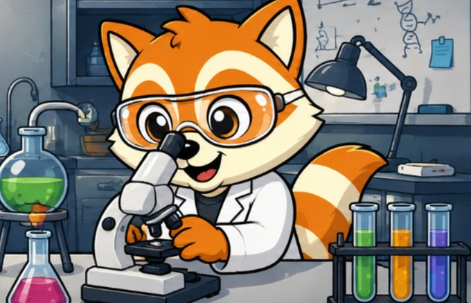 Cartoon illustration of an orange fox character wearing safety goggles and a lab coat, smiling while looking into a microscope in a laboratory setting with colorful beakers and test tubes.