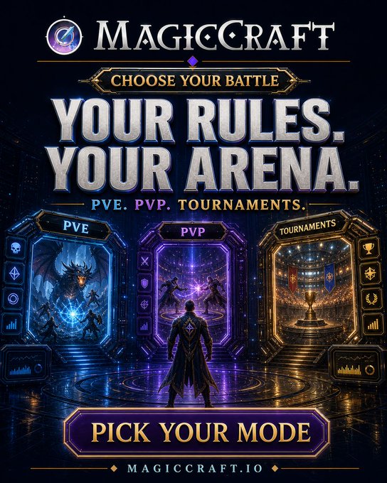 A fantasy-themed promotional poster for 'MagicCraft' featuring the tagline 'Your Rules. Your Arena.' and highlighting PVE, PVP, and Tournaments game modes.