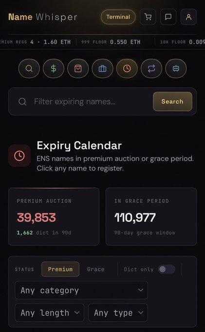 A dark-themed webpage for 'Name Whisper' showing an Expiry Calendar with 39,853 names in Premium Auction and 110,977 in Grace Period, with ETH pricing information visible.