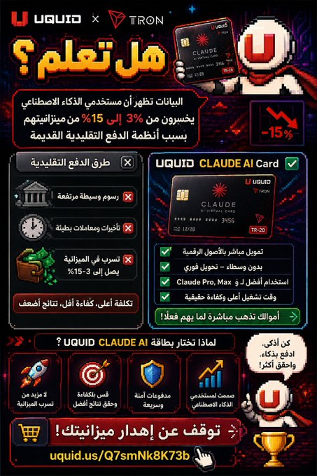 A promotional infographic advertising the UQUID x TRON Claude AI Card, featuring Arabic text highlighting benefits like zero transaction fees (0% vs. 3-15% traditional), instant AI payments, and virtual/physical card options, with the referral link uquid.us/Q7smNk8K73b and emphasizing TRON blockchain integration—directly supporting the post's point about AI payment solutions needing to match modern technology speeds.