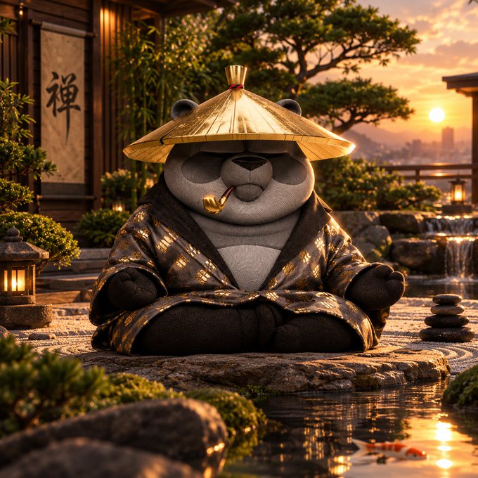 A panda dressed as a serene monk meditates peacefully in a Japanese zen garden at sunset, wearing a straw hat and golden kimono while holding a small golden object. The character "禅" (Zen) is visible on the hanging scroll in the background, reinforcing the post's message of trusting the journey and finding clarity through mindful, steady steps forward.