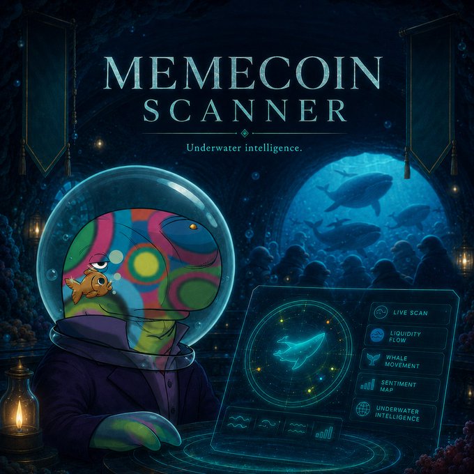 A promotional graphic titled 'MEMECOIN SCANNER - Underwater intelligence' featuring a colorful character in a space helmet using a holographic laptop with a shark hologram.