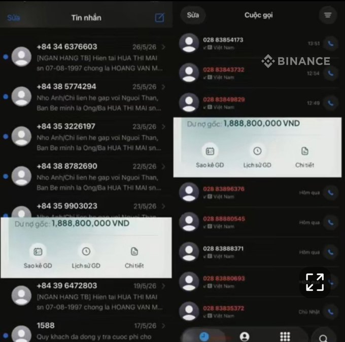 A mobile phone screenshot in Vietnamese showing a messages list with multiple spam/scam entries, alongside a calls log displaying a Binance balance of 'Dư nợ gốc: 1,888,800,000 VND'.