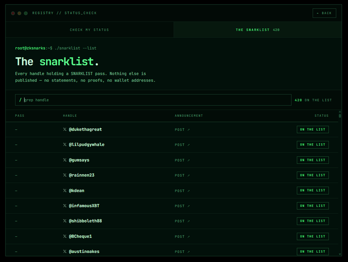 A terminal-style webpage titled 'The snarklist' showing a list of user handles like '@dukethagreat' and '@lilpudgywhale' with their 'ON THE LIST' status, under the heading 'REGISTRY // STATUS_CHECK'.