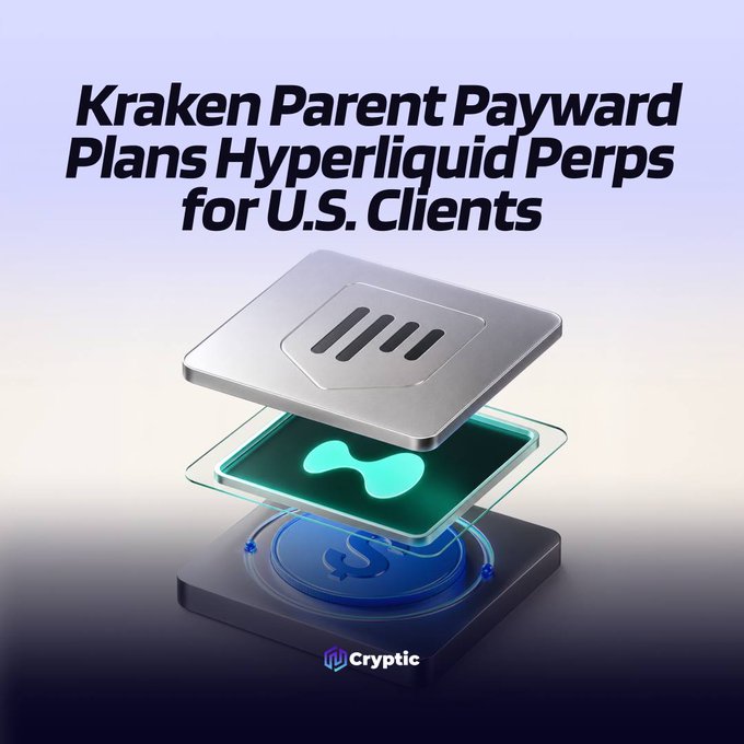 A promotional graphic reading 'Kraken Parent Payward Plans Hyperliquid Perps for U.S. Clients' by Cryptic, featuring a stylized layered block design.