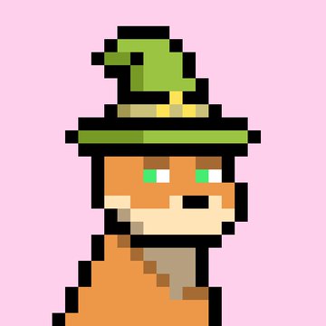 Pixel art character wearing a green hat and green scarf/cloak with orange clothing on a pink background.