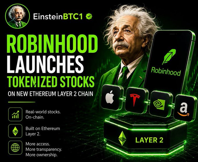 A promotional graphic titled "ROBINHOOD LAUNCHES TOKENIZED STOCKS ON NEW ETHEREUM LAYER 2 CHAIN" features an Einstein-like figure alongside a smartphone displaying the Robinhood logo, with app icons for Apple, Tesla, Nvidia, and Amazon, highlighting key points: "Real-world stocks. On-chain," "Built on Ethereum Layer 2," and "More access. More transparency. More ownership." The image visually reinforces the post's message about Robinhood's move to bring traditional stocks onto blockchain rails, merging conventional finance with crypto's 24/7, programmable accessibility.