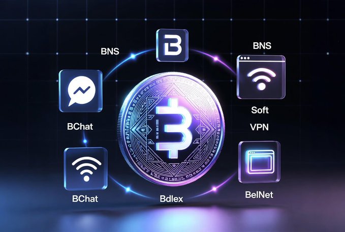 A digital graphic featuring a large cryptocurrency coin labeled 'BdIex' surrounded by icons for BNS, BChat, Soft VPN, and BelNet services.